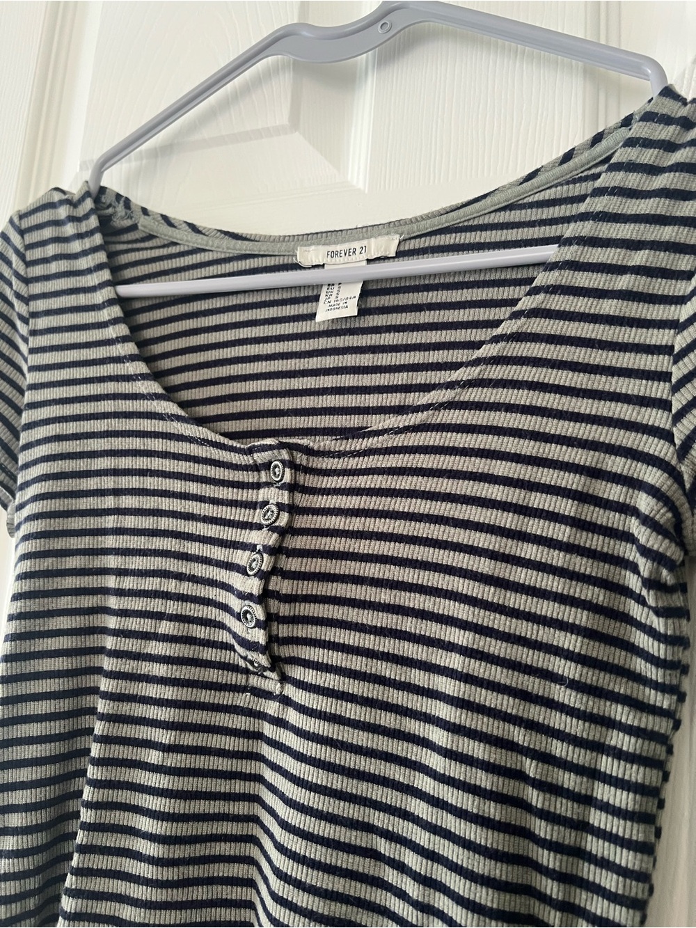 Forever 21 Black and Green Striped Ribbed Henley Crop Top